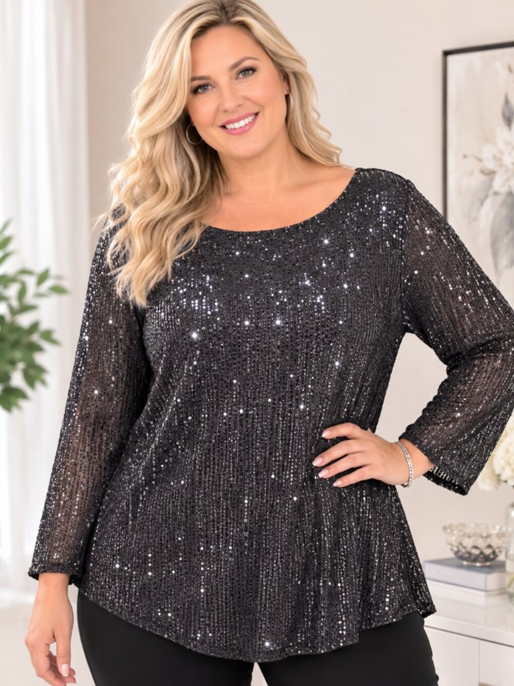 Anna-Kaci California Black Sequin Long Sleeve Blouse Top XL Party Night Out